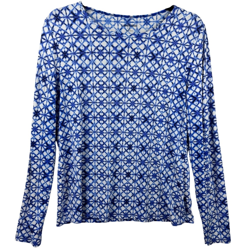 Lands' End Long Sleeve Top Women Medium Blue White Stretch Geometric Quick Dry